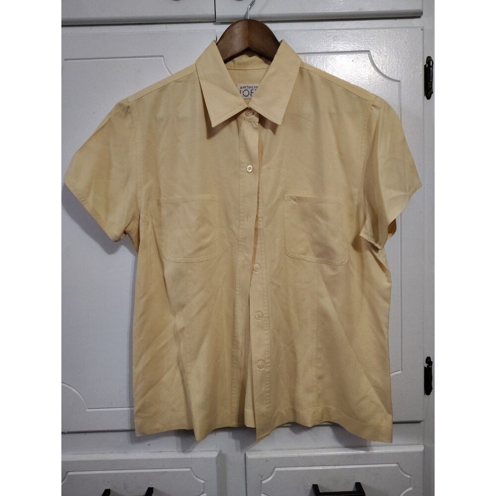 Vtg Ann Taylor LOFT Yellow 100% Silk Button Down Top Short Sleeve Blouse Size 8